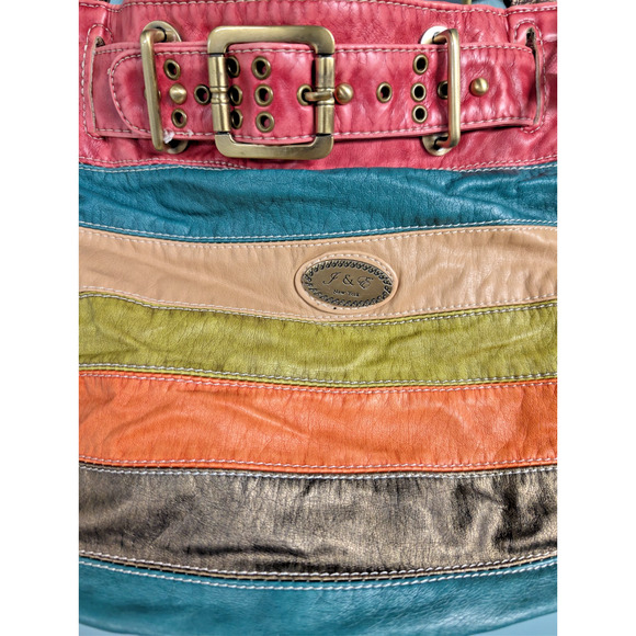 J & E New York Handbag Multi-Colored Stripes Soft Leather Metallic Handle - Picture 3 of 10